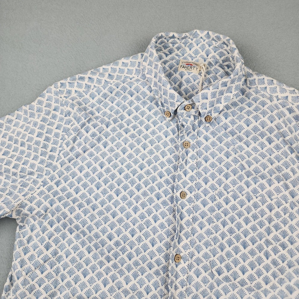 Faherty Shirt Mens Medium Blue Geometric Hemp Blend Short Sleeve Button-Up